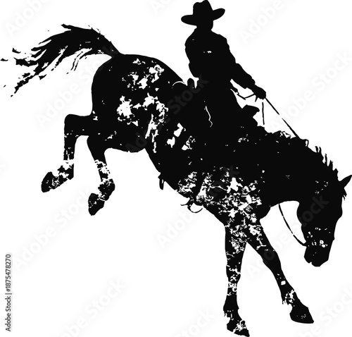 Cowboy riding bucking horse silhouette with dynamic motion and western rodeo theme