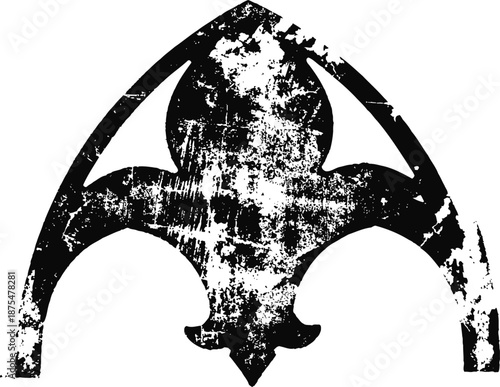 Distressed fleur de lis emblem with pointed arch design and vintage grunge texture