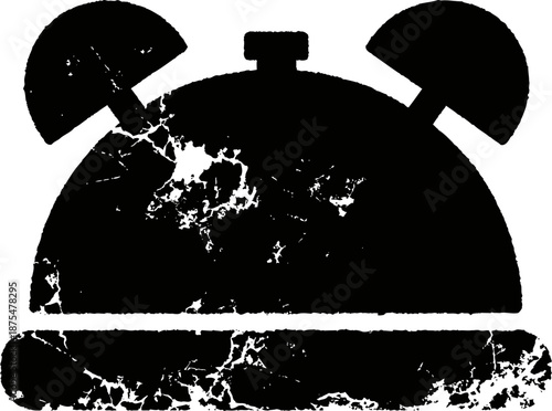 Distressed vintage alarm clock icon silhouette with grunge texture and broken detail
