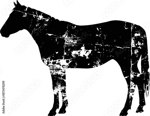 grunge black silhouette of a standing horse with textured distressed effect