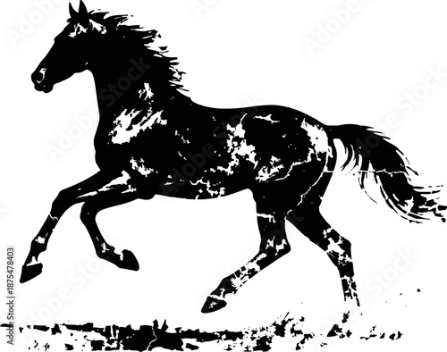 Running horse silhouette with grunge texture in motion, dynamic equine illustration