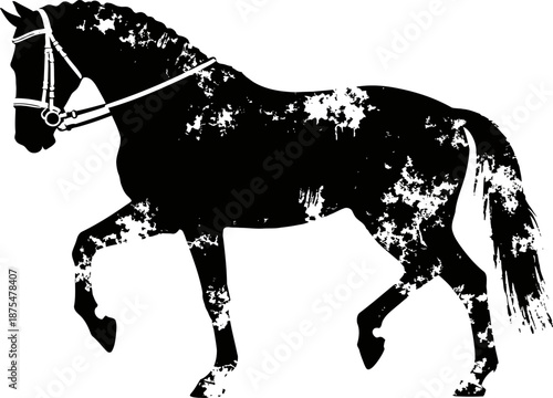 Black and white distressed silhouette of a horse walking with bridle and harness