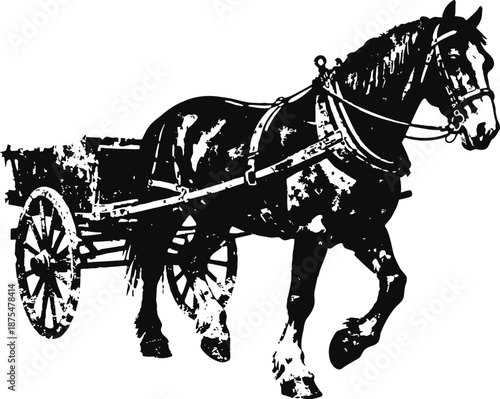 Vintage horse pulling wooden cart classic rustic carriage with harness and wagon wheels