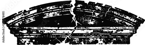 Cracked broken architectural cornice fragment in black and white with weathered texture