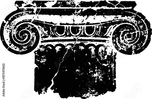 Ancient classical ionic column capital with volutes and ornamental detailing in black and white distressed