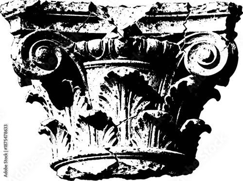 Ancient corinthian column capital with ornamental acanthus leaves and volutes in black and white