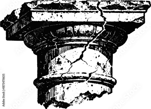 Ancient cracked stone column capital with weathered texture and classical architectural design