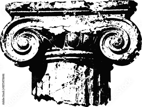 worn classical ionic column capital with scroll volutes and weathered stone texture