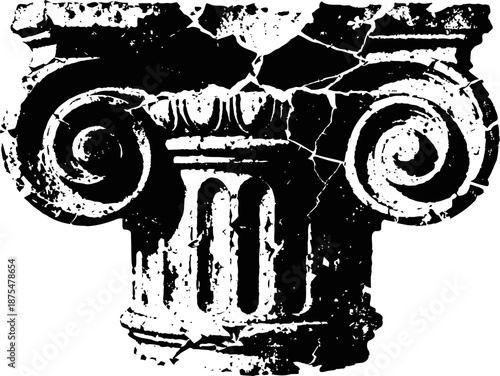Ancient ionic column capital with scrolls and fluted shaft, classical greek architecture element
