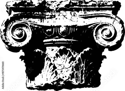 Ancient classical ionic column capital with volutes and decorative floral motifs