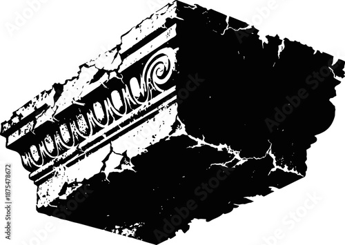 Cracked ancient column capital with detailed ornamental design, weathered stone architectural element