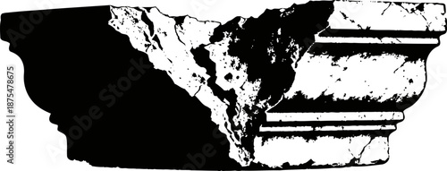 Chipped stone architectural cornice fragment with ornamental molding detail in black and white