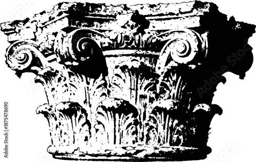 Ancient corinthian capital with intricate acanthus leaves and volutes in black and white