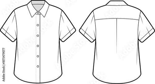 Technical Fashion Flat Sketch of a Women's Short Sleeve Button Down Shirt with Collar and Back Yoke Detail in White Vector