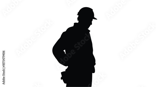 Confident construction worker in hard hat standing strong