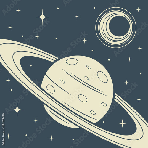 Alien Planet with Celestial Rings Moon and Stars Background