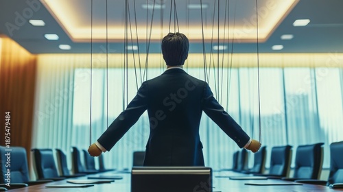 Corporate manipulation scene office environment digital art modern business setting dramatic perspective power dynamics