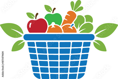 A vibrant blue basket filled with fresh produce, including apples, carrots, and leafy greens