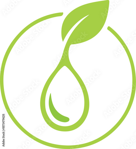 A vibrant green leaf growing from a pure drop of natural essence, encircled symbolising organic purity