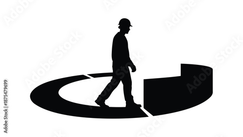 Worker navigating through broken circular path in silhouette