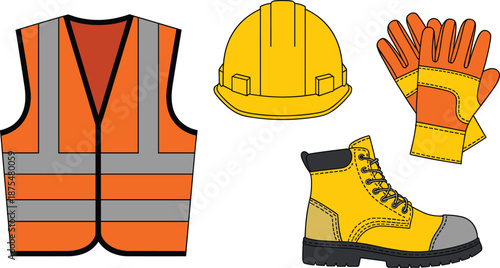 Vector illustration of personal protective equipment set including orange safety vest yellow hard hat industrial work boots and protective gloves