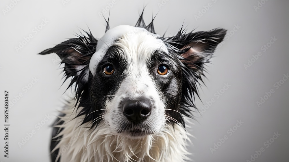 Fototapeta premium Wet Border Collie Dog with Shampoo Foam After Bath on Neutral Background