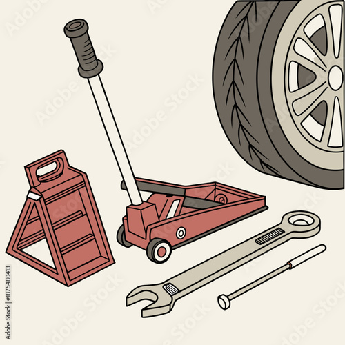 Essential Car Maintenance Tools Jack and Wrench Illustration