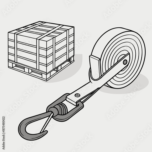 Industrial Cargo Securing Ratchet Strap and Hook Illustration
