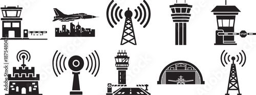 Airport and air traffic control infrastructure vector icon set: communication towers, buildings, and security gates