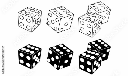 Dice or die icon set showing cube shape,for board game, gambling concept, casino design, probability theme, and gaming icon. vector illustration in outline and silhouette isolated white background