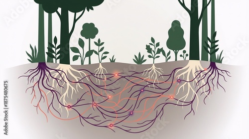 Mycorrhizal Fungal Network Connecting Plant Roots Underground, Scientific Vector for Ecology Education