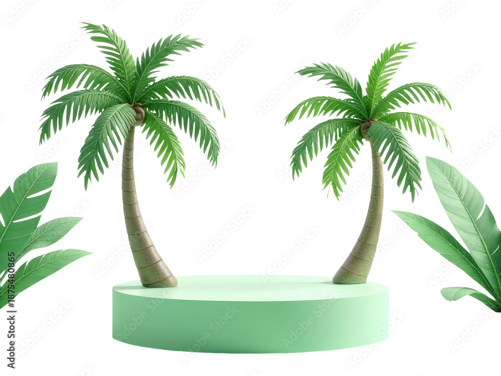Fototapeta premium Three palm trees stand on a circular platform, surrounded by open space