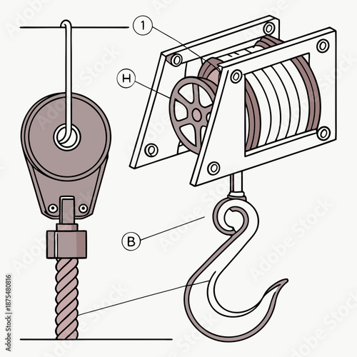 Industrial Crane Parts Including Hook Cable and Pulley