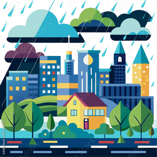 raining in a city area