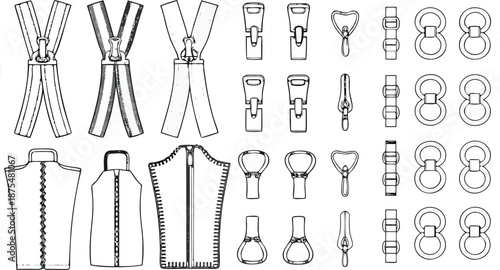 Black-and-white illustration of various fashion accessory components and garment fasteners, including detailed line drawings of zippers, buckles, bows, belts, buttons, and clips.