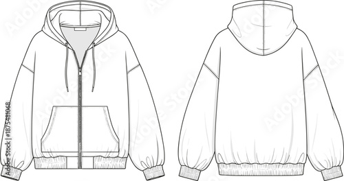 Hooded jacket cad drawing, flat vector illustration with front and back view, technical fashion sketch, casual zip hoodie apparel design template