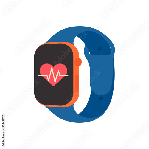 Fitness smartwatch displaying a heart and an electrocardiogram line in blue and orange shades. Flat vector illustration isolated on a white background.