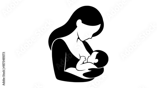 Flat vector illustration of breastfeeding mother feeding her baby, maternal care concept, soft pastel tones, minimal flat design, smooth shapes, isolated on white background, vector art