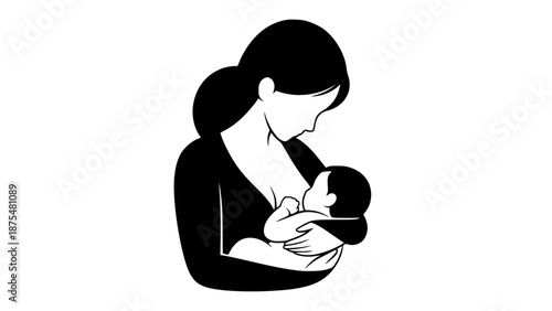 Flat vector illustration of breastfeeding mother feeding her baby, maternal care concept, soft pastel tones, minimal flat design, smooth shapes, isolated on white background, vector art