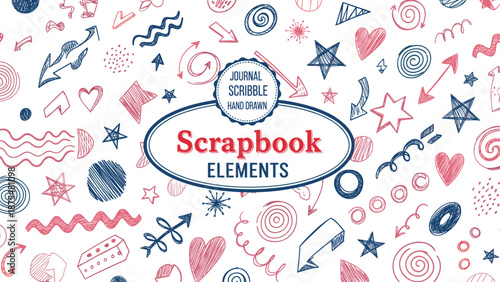 Hand drawn scrapbook elements collection, journal scribble doodles with stars hearts arrows, decorative sketch icons, cad drawing flat vector illustration,