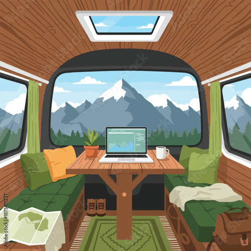 Laptop on wooden table inside camper.