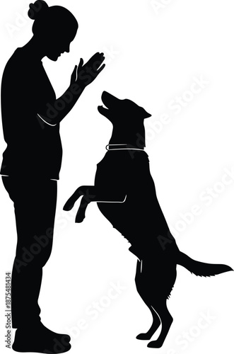 Silhouette of person signaling to dog on hind legs, training and interaction concept, black and white graphic, transparent background illustration