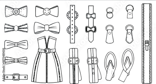 Black-and-white illustration of various fashion accessory components and garment fasteners, including detailed line drawings of zippers, buckles, bows, belts, buttons, and clips.