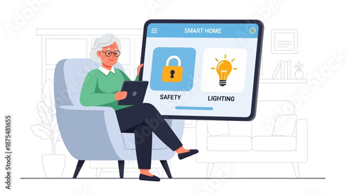 Comfortable senior woman effortlessly manages her smart home system using a digital tablet, enhancing modern living and security
