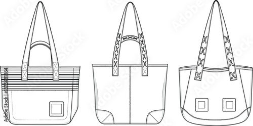 Tote bag cad drawing, flat vector illustration with multiple front views, fashion handbag technical design, reusable shopping bag apparel accessory outline