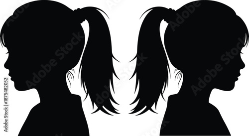 Silhouette of two mirrored figures with ponytails, facing away, symmetrical composition, black and white graphic, transparent background, identity and reflection illustration