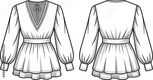 Women dress cad drawing, flat vector illustration with front and back view, long sleeve fashion garment technical design, modern apparel outline sketch