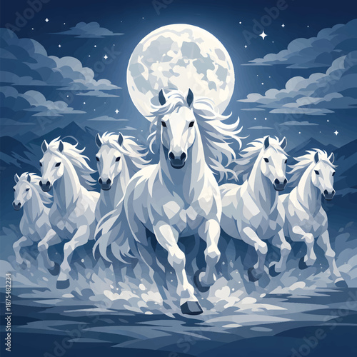 Running white horses illustration with dynamic mane and blue monochrome style