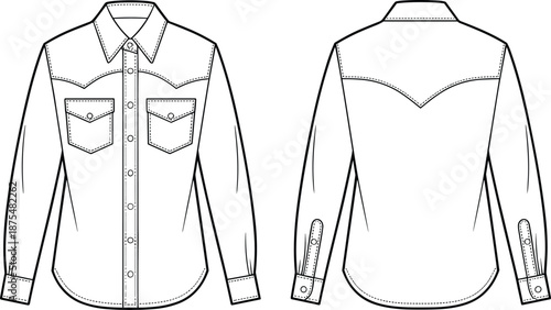 Vector technical sketch of a long sleeve western style button down shirt with front and back views for fashion design