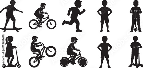 Children's outdoor activities: a collection of black silhouettes showcasing various sports